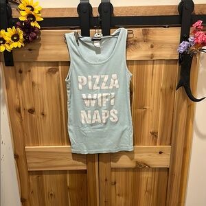 Light Blue Tank Top with White Text “Pizza, WiFi, Naps”